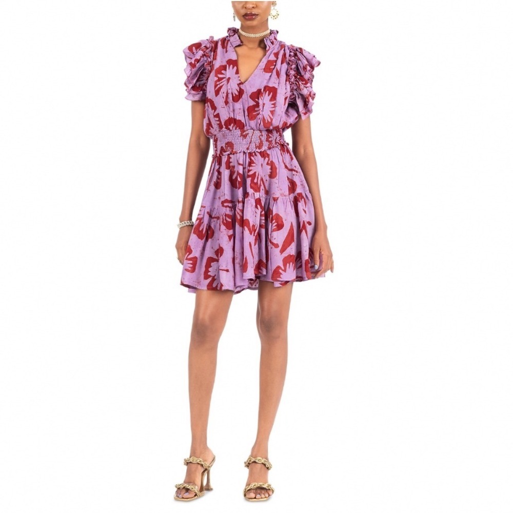 Busayo Abebi Mini Dress Dark Pink Red Floral Smocked Waist Flutter Sleeve Small